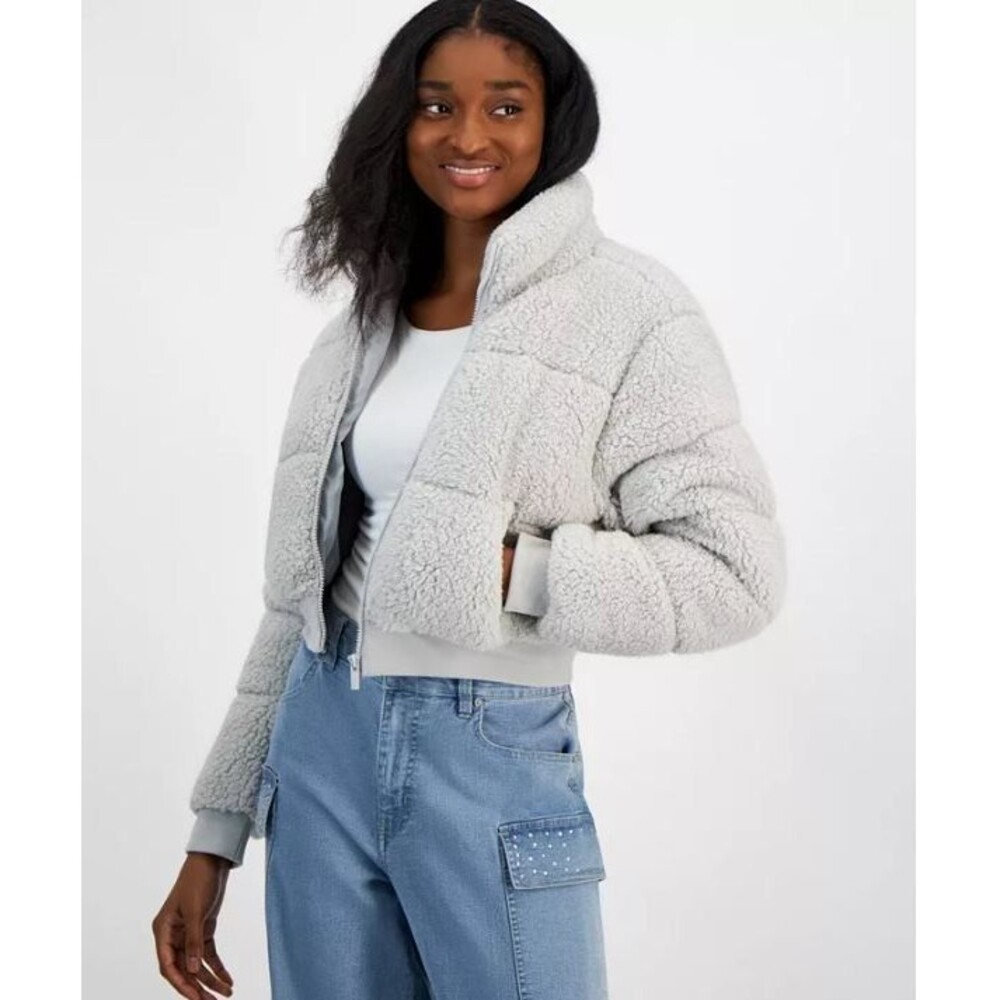 Planet Heart Juniors Cropped Sherpa Puffer Jacket Gray | Cozy Zip Front |XL